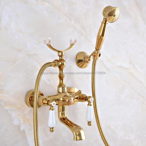 Bathtub Faucets Gold Color Brass Wall Mount Telephone Euro Bath Tub Faucet Mixer Tap w/ Handheld Spray Shower Nna910