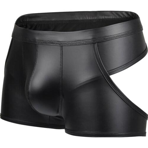 New Sexy Men Hollow Boxers Male Underwear Faux Leather Open Butt Bottoms Performance Club Wear Underpants Backless Boxer Shorts