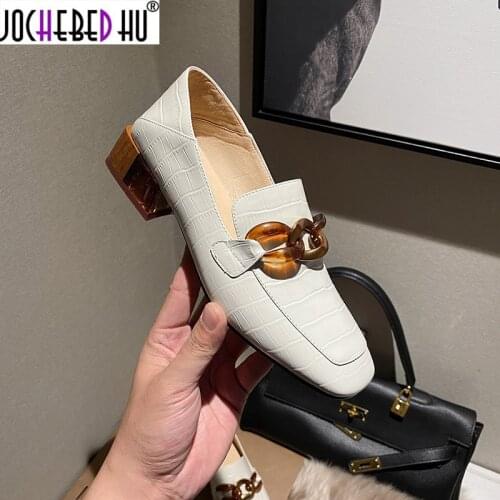 JOCHEBED HU 2021 New High Heels Women Pumps Natural Genuine Leather Thick Heel Real Leather Square Toe Shoes Ladies Size 33-43 L
