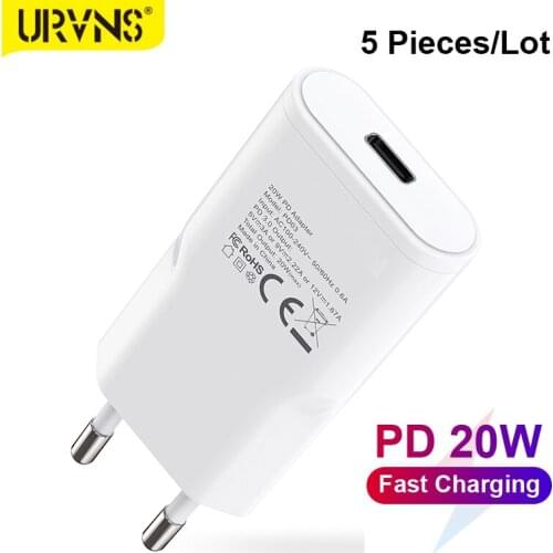 URVNS Wholesale 5PCS/Lot Ultra-Thin 20W USB-C PD Fast Charger, EU Plug Power Adapter for iPhone 12/11, Galaxy, Pixel, iPad Pro