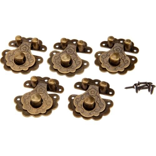 5Pcs Vintage Hasps Hardware Antique Brass Hasps Decorative Jewelry Gift Wooden Box Hasp Retro Suitcase Latch Hook+Screws 40x36mm