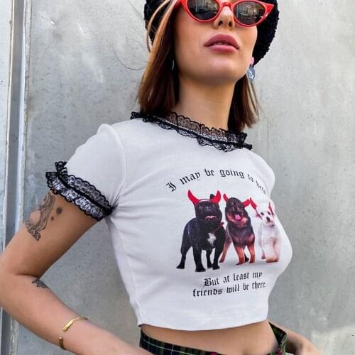 Woman clothes T-shirt female Street hipster slim short-sleeve shirt dog head print lace bottoming y2k Top kawaii t shirt