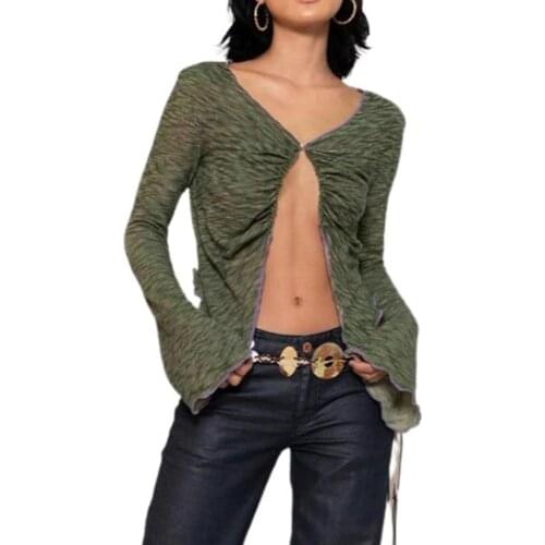 Womens Open Front Crop Tops Sexy V Neck Long Sleeve Central Clasp Lettuce Trim Blouse