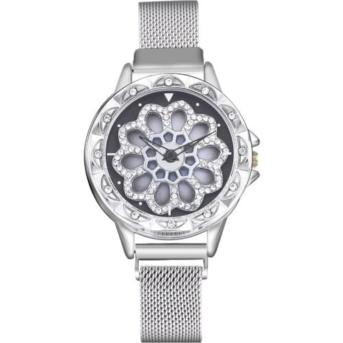 Women Watch Mesh Magnet 360 Degree Rotating Dial Ladies Watch Luxury Vogue Diamond Quartz Watch for Women Clock Relogio Femino