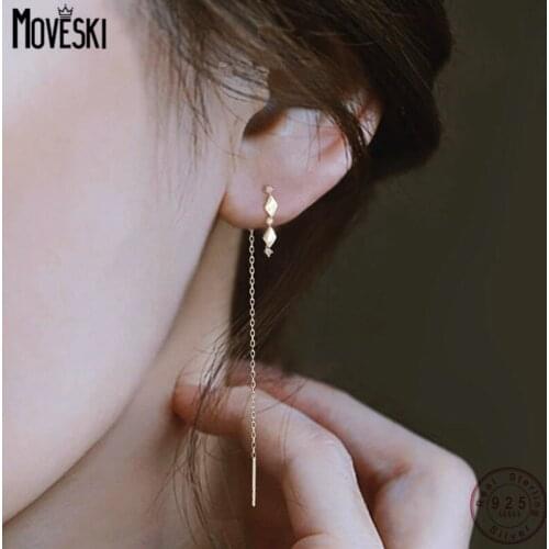 MOVESKI 925 Sterling SilverPlated 14K Gold Ear Wire Women Rhombus Tassels Zircon French Retro Long Earrings
