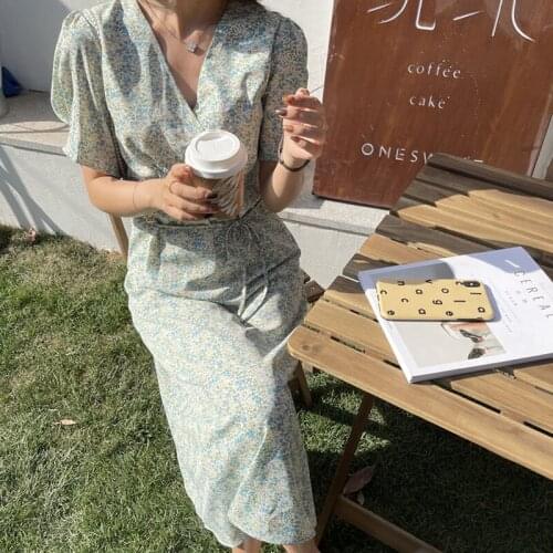 V Neck Summer Dresses for Women 2021 Elegant Floral Printed Dress Women Chiffon Plus Size Lace Up Short Sleeve Midi Dress 15230