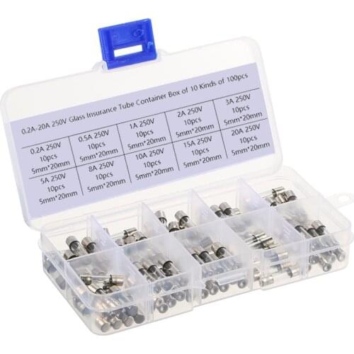 100Pcs/Set 5x20mm Quick Blow Glass Tube Fuse Assorted Kits,Fast-blow Glass Fuses 0.2A 0.5A 1A 2A 3A 5A 8A 10A 15A 20A
