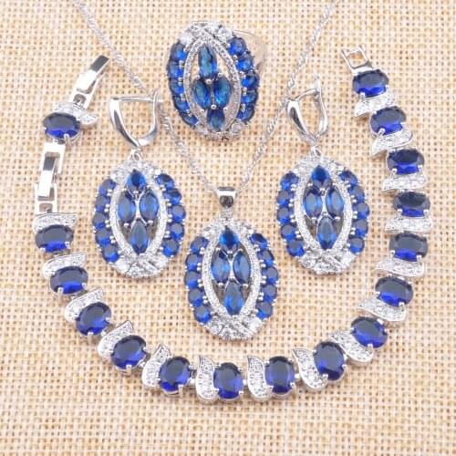 AAA+ Quality Silver Color Wedding Jewelry Sets For Women Blue Crystal Earrings Rings Bracelet Necklace Birthday Gifts YZ0711