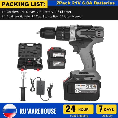 Cordless Drill Driver 2Pack 21V 6.0A Batteries Torque 200N.m Metal Keyless Chuck Variable Speed Impact Hammer Drill Screwdriver