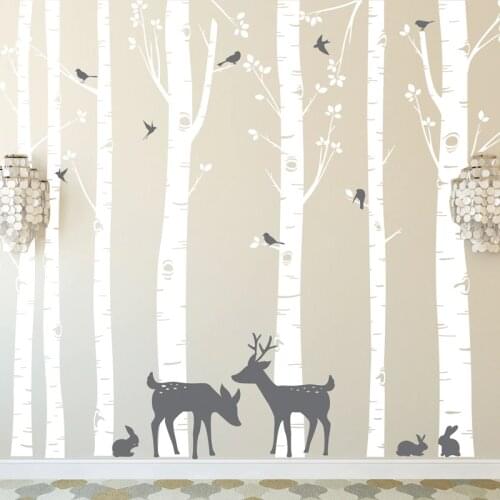 Huge Size Trees Wall Stickers Set of 7 Birch Trees with Deer and Birds in 2 Colors Removable Vinyl Wall Decals tree Decor ZA316