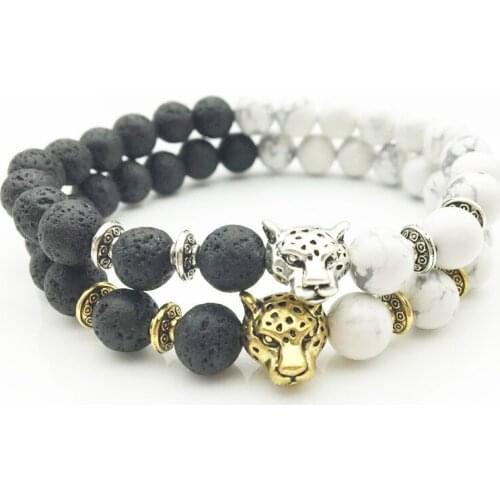 Leo Lion Head Lava Stone Strand Bracelets Natural Bead Siver Color Buddha Bracelets for Women Black White mens jewellery