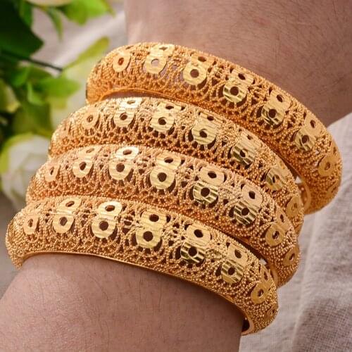 24K 4Pcs/lot Dubai Ethiopian Gold Color Coin Cuff Bangles For Women Wife Wedding Jewelry Bangles&Bracelet Gifts