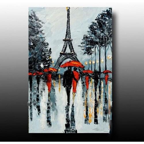 Handmade Black and White Paris Picture Palette Knife Oil Painting Hand painted Abstract Wall Art Streetscape Couple Rainy Day