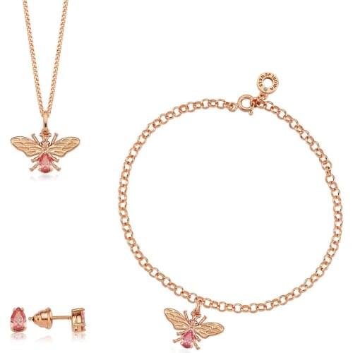 Valori Jewels Lucky Bee, Zirconia Pink Gemstone, Rose Gold Plated, Sterling Silver Trio Set