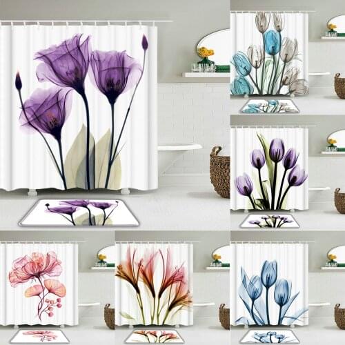 Beautiful Colorful Tulip Flowers Fabric Waterproof Shower Curtain Set Mat Floral Bathroom Curtains Non-Slip Toilet Bath Mat