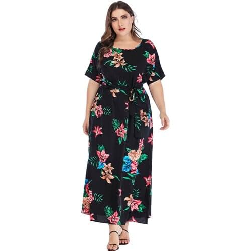 2021 Summer Women Short Sleeve Dress Plus Size Female VO Neck Short Sleeve Floral Print Boho Dress Black Maxi Long Dresses