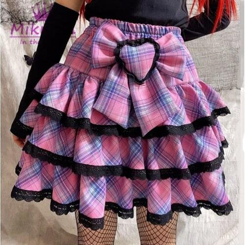 Japanese Sweet Bow Pink Plaid Lace Cake Skirts Ball Gown Fashion Gothic Lolita Kawaii Mini Skirts