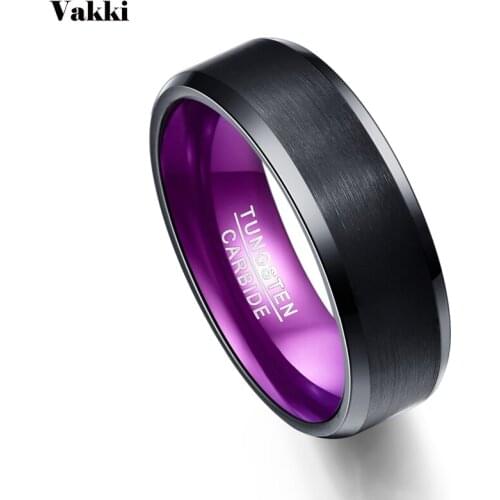 VAKKI Mens Ring 8mm Wide 3MM Thick Black Flat Purple Inner Ring Tungsten Steel Ring Size 7-12 Wedding Rings Anniversary