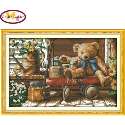 GG Honey Bear Cross Stitch Kit Joy Sunday 14CT 11CT Printing Count Cotton Fabric Embroidery Needlework Cross-stitch Set for Kids