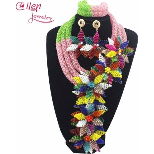 2017 Luxury African beads jewelry sets india flower beads beaded nigerian wedding beads necklace dubai jewelry sets W12889
