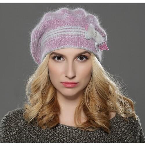 NEW WinterWomen Beret Hat Knitted Wool Angora Beret The Classic Grid of Mink Flower Decoration Cap Double Warm Hat
