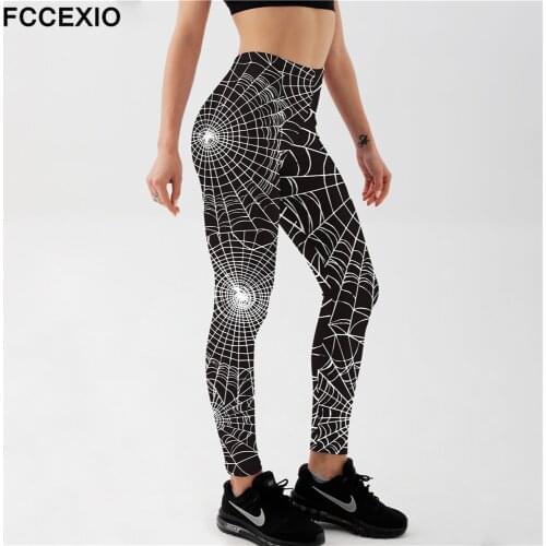 FCCEXIO Sexy Womens Black Leggings Spider Web Grid Print Push Up Fitness Legging Slim workout Legging Fashion Girl Leggins