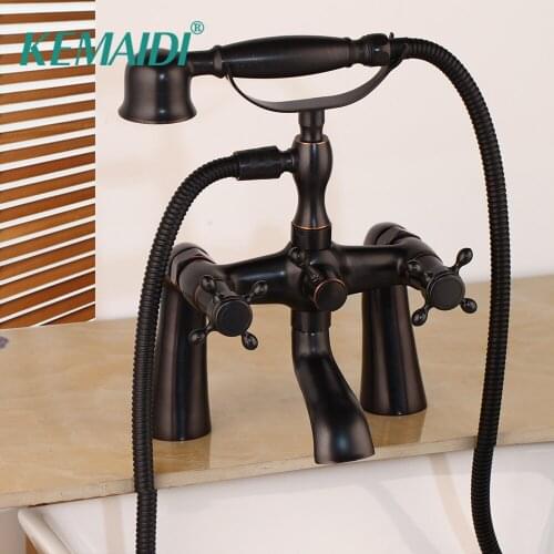 KEMAIDI Bathtub Black & Antique Brass Faucet Double Handles polished ORB Bathub+Handshower Shower Bathroom Basin Sink Mixer Tap
