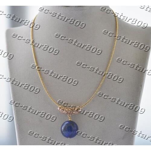 Z11289 16" 20mm Round Blue Lapis Lazuli Bead Pendant Chain Women Fine Jewelry