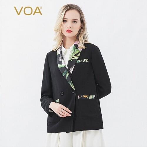 VOA Silk 60m/m Matte Black Heavy Filler Print Panel Jackets for Women Double-Breasted Long Sleeve Spring Jacket 2021 W599