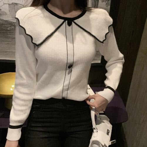 Woman Sweaters Pullover Striped Knitted Top Womens Spring Autumn Doll Collar Heart Buckle Long Sleeve Sweater Femme Chandails