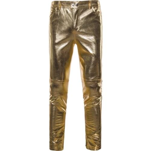 Gold Men Leather Pants Size 28-36, Youth Motorcycle PU Trousers, Fashion Casual Pant Black Silver