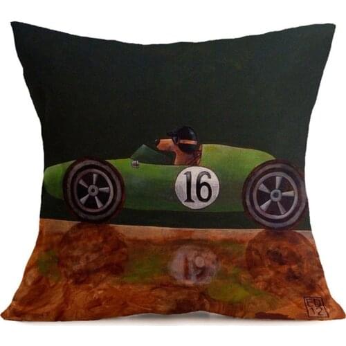 2018 Hot Sale Pillow Lovely Cartoon Dog Driving Vintage Almofadas 45X45CM Linen Pillowcase Linen Pillow Decorative
