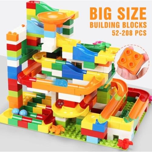 3+ Kids Marble Race Compatible All Brand Building Blocks Funnel Slide Big Building Brick Run Maze Balls Toys 52-208PCS