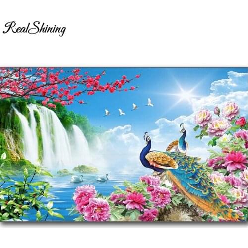 5d cross stitch diy diamond painting Landscape Waterfall Peacock Swan Flowers Round Diamond Embroidery Mosaic home decor FS5456