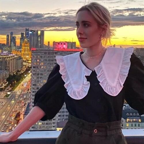 Sweet Peter Pan Collar Blouse For Girls Elegant Simple Korean Style Puff Sleeve Single Breasted Top Women Loose Casual Shirt New