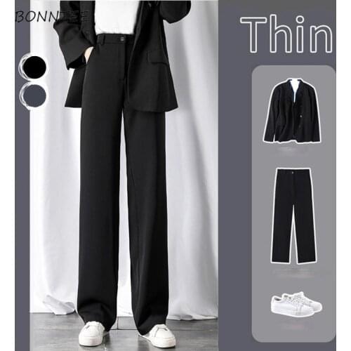Pants Women Full Length Black Leisure High Waist Office Lady Trousers Wide Leg Loose Basic All-match Cool Popular Spring Autumn