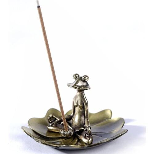 Frog Copper Incense Stick Holder with Lotus Leaf Ash Catcher Handmade Incense Holder for Home Yoga Office Fragrance UD88
