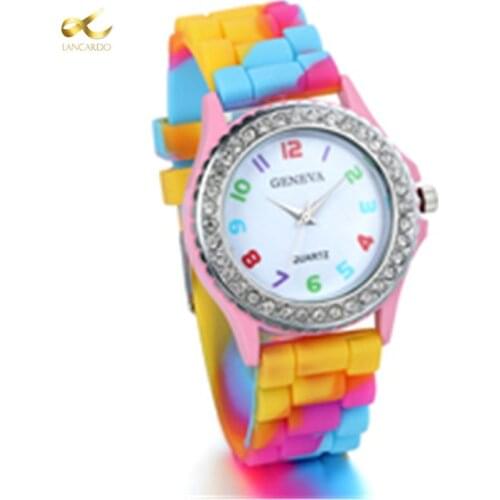 LANCARDO Fashion Creative Colorful Rainbow Watch Women Geneva Silicone Crystal Analog Quartz Wrist Watches horloge dames Clock