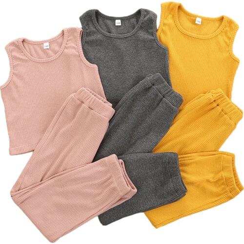 2 Pcs Toddler Summer Outfits, Baby Girls Summer Sleeveless Solid Color Round Neck Tank Top + Trousers 2-7T