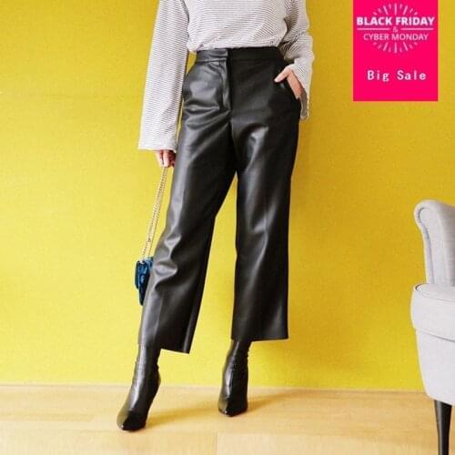 Fashion Brand Ankle-Length Pu leather pants 2020 autumn Womens High package hip Quality Mid Waist Slim Flare Pants wj1157