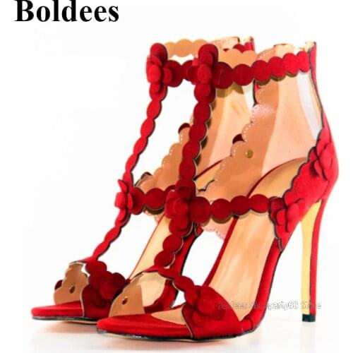 Fashion Red Suede Leather Flock High Heel Sandals Summer Open Toe Thin Heels Woman Dress Shoes