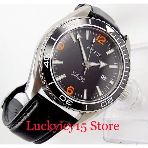 PARNIS Luxury 45mm Black Dial Auto Date Self Winding Mens Watch Sapphire Glass
