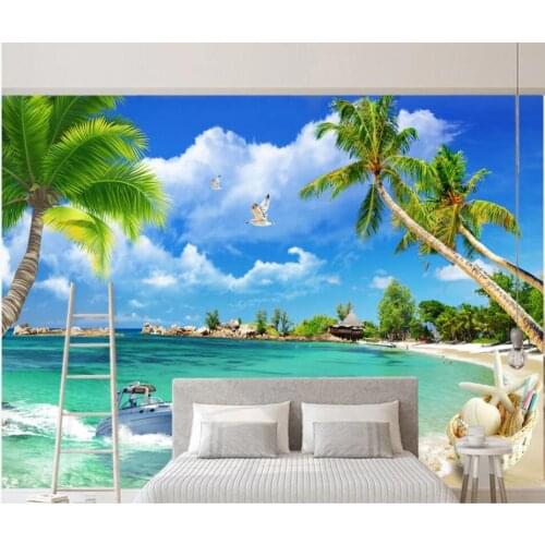 3d photo wallpaper custom mural Blue sky and white cloud beach seascape coconut tree natural scenery wallpaper for walls 3 d