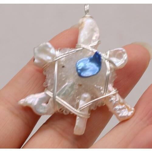 Natural Gemstone Cute Little Turtle Animal with Pearl Crystal Bud Pendant DIY Necklace Sweater Chain Jewelry Accessories Making