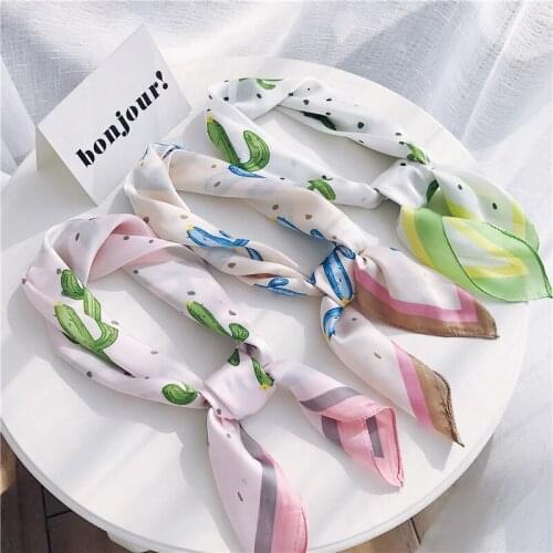 Yishine 70*70 CM Silk Scarf Cactus Dots Prints Women Shawl Satin Small Squares Head Bag Decorative Scarves Shawls