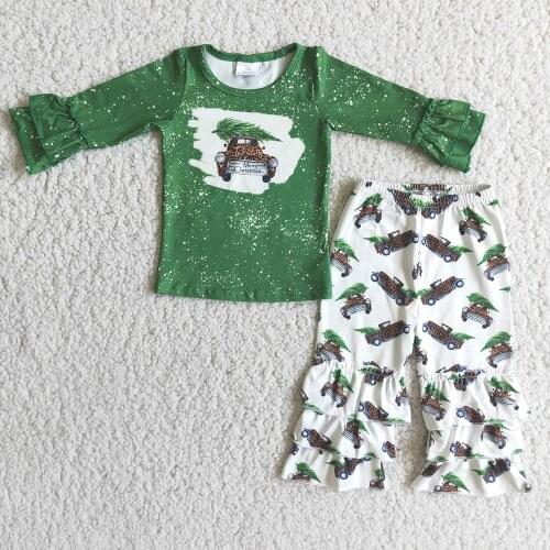 Merry Christmas Truck Print Children Outfit Toddler Girl Green Tree Top Match White Color Pants 2Pieces Set With Ruffle Sleeve