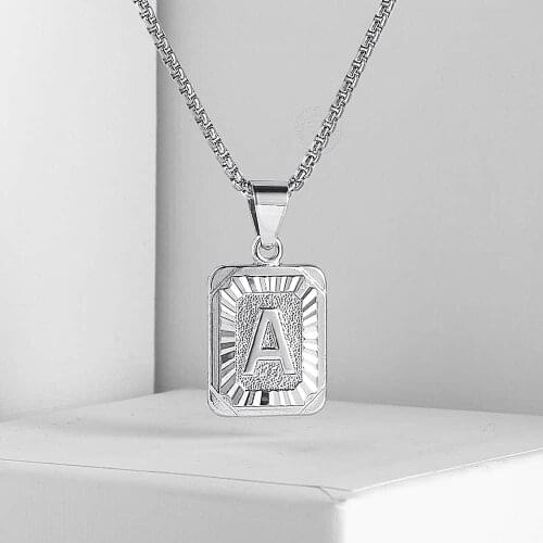 Silver Color Square Initial Letter Necklace for Men Women A- Z 26 Alphabet Charm Stainless Steel Box Chain 18-22 inch GPM11