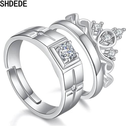 SHDEDE Wedding Engagement Rings Sets Cubic Zirconia Adjustable Size Rings for Women Men Couples Accessories Crown +LYE249