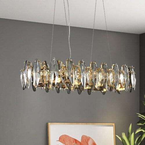 Modern Crystal Chandelier Oval Dining Room Luxury Smoky Gray Crystal Lamp For Kitchen Island Cabinet Hanging Light Golden Body