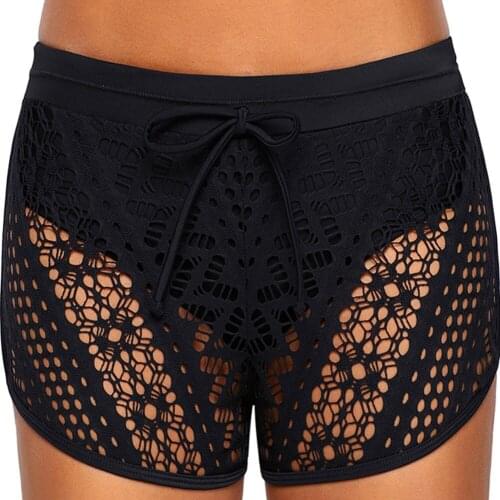 Womens Lace Swimming Trunks Summer Solid Sexy Flat Corner Hollowed Out Inner Lining Swimming Shorts Quick Dry Vacation Shorts